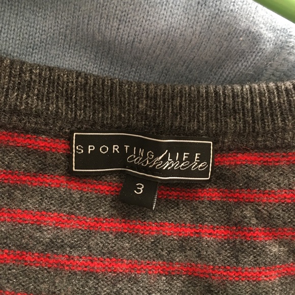 SPORTING LIFE 100% Cashmere Grey + Red Stripe Scoop Neck Sweater 3 L - Picture 5 of 5